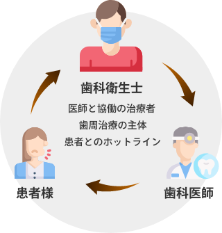 図：歯科衛生士の役目は医師と協働の治療者、歯周治療の主体、患者とのホットライン